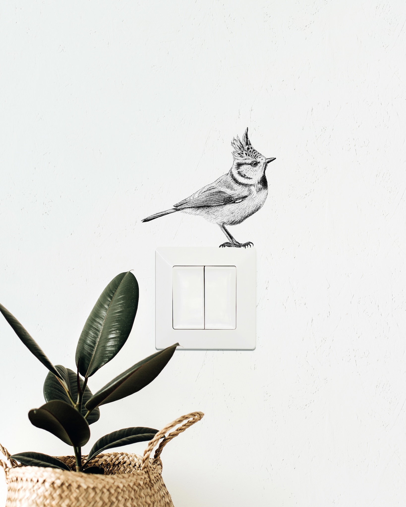 geïllustreerde vogel op muur lampenknop