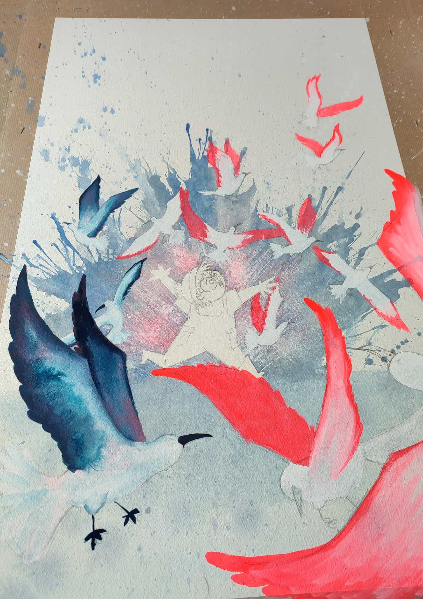 illustratie van blauw en roze vogels