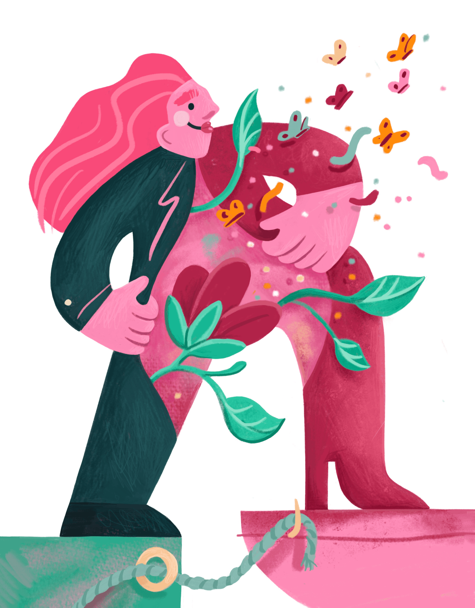 illustratie Maren Bruin met roze poppetje