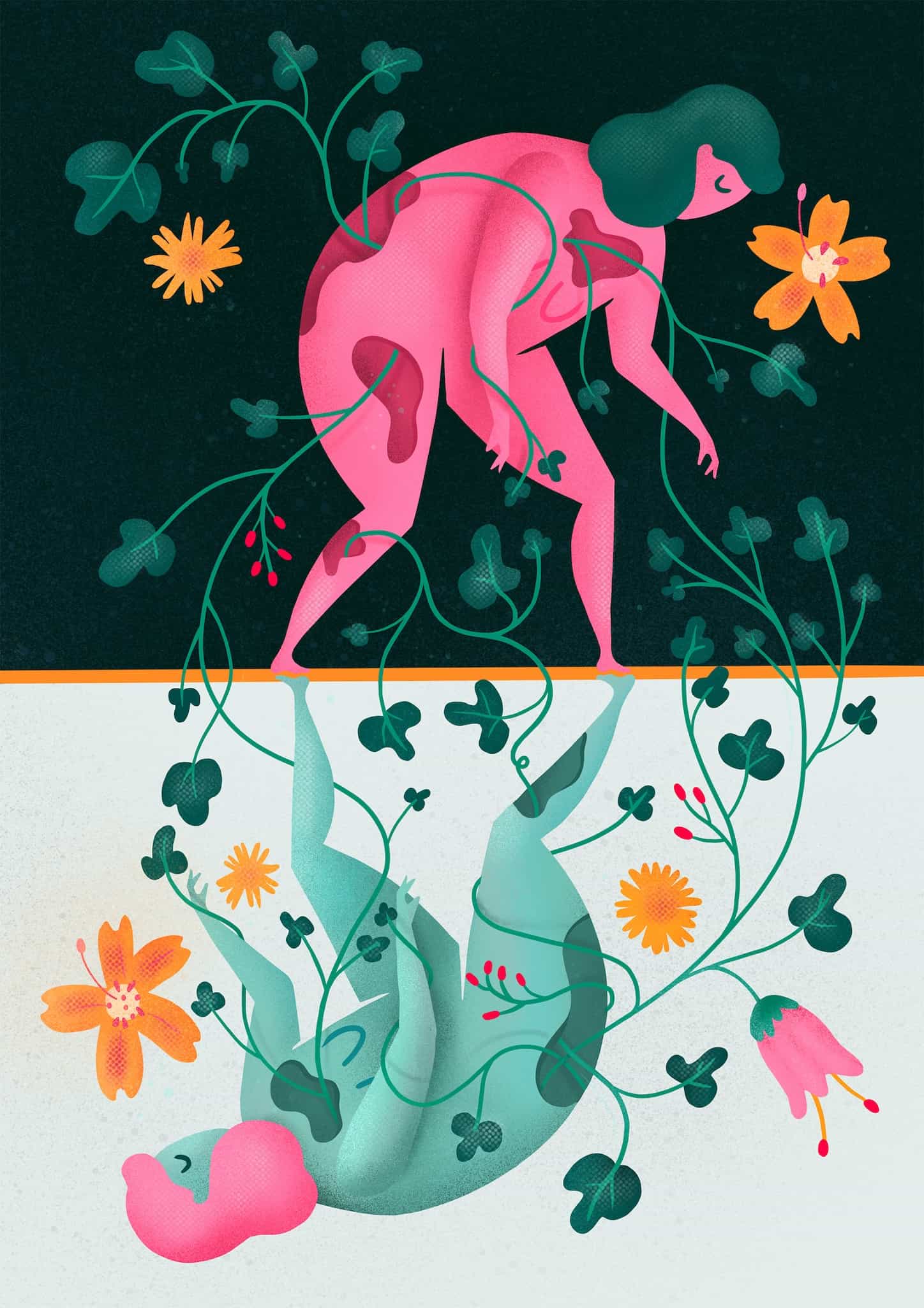 groen en roze vrouw met blaadjes en bloemen