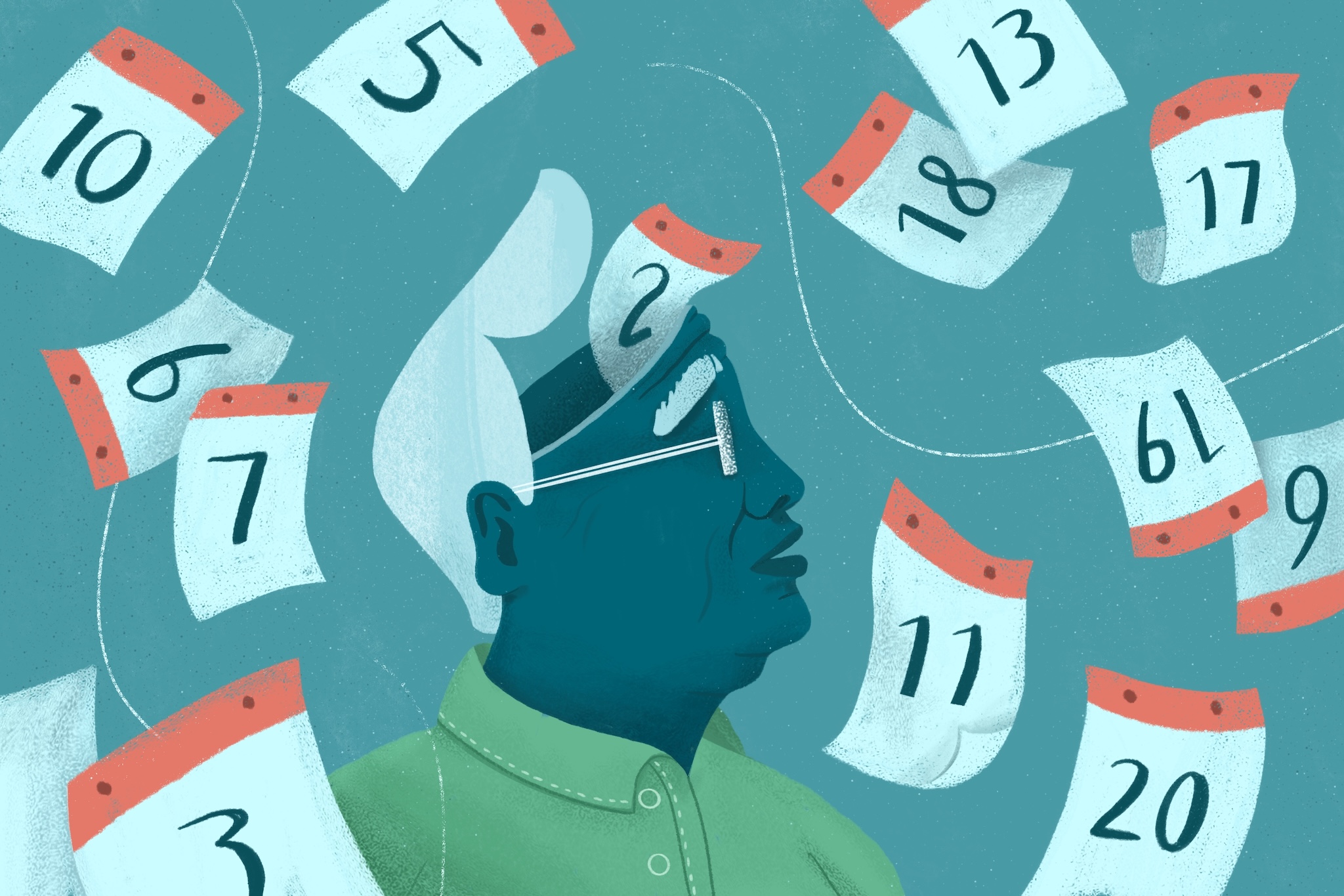 illustratie van blauwe man met kalenderblaadjes
