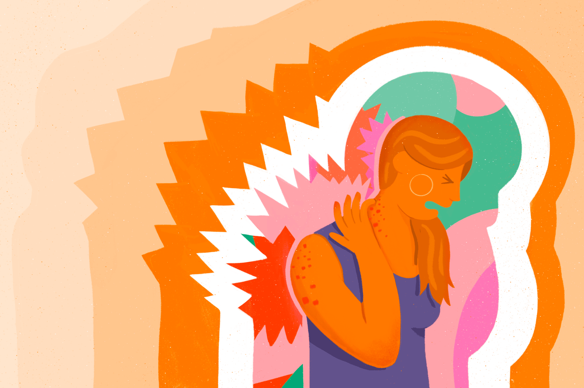 oranje vrouw aan het huilen met kleuren om haar heen
