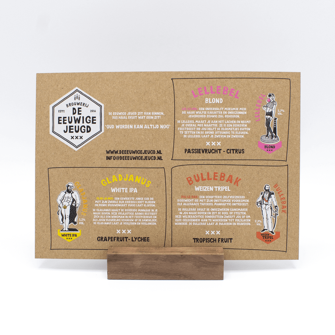 Flyer van brouwerij met uitleg over verschillende speciaalbieren, gedrukt op Kraftpapier