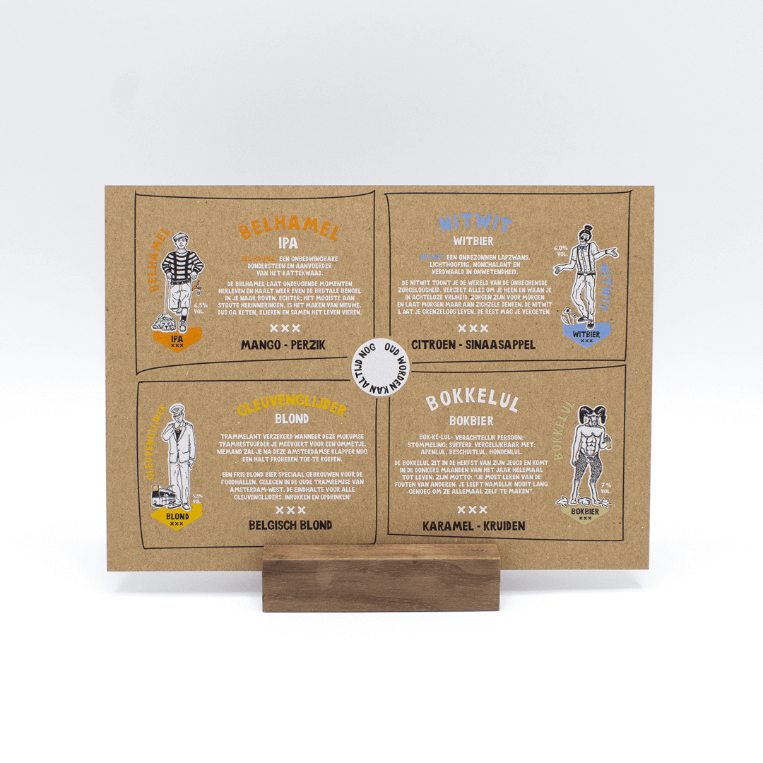 Flyer met diverse speciaalbieren met uitleg van een brouwerij, gedrukt op Kraftpapier