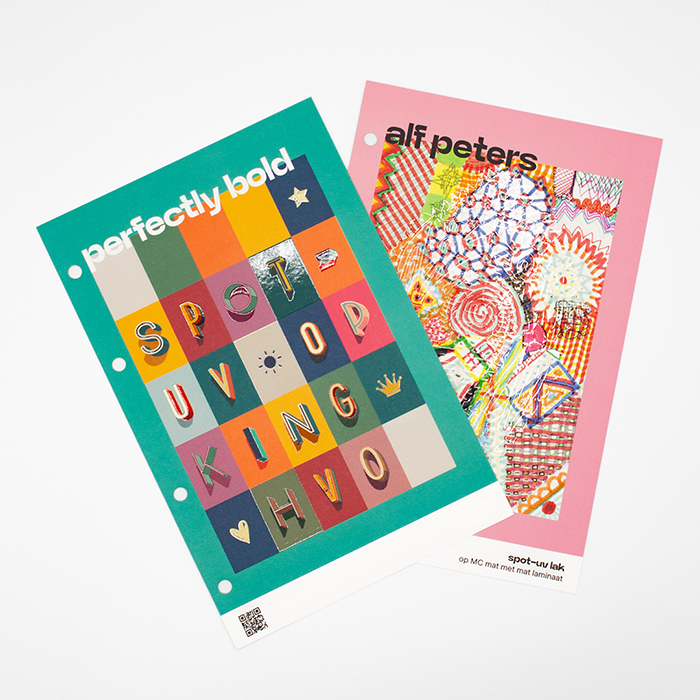 Spot-UV lak samples van Perfectly Bold en Alf Peters