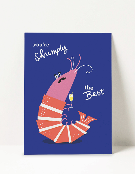 poster van garnaal met tekst 'you're shrimply the best' 