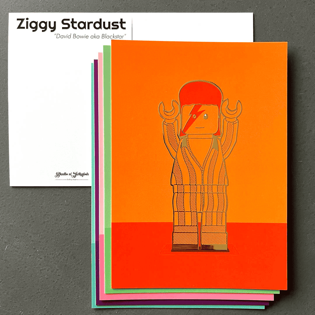 oranje kaart met legopoppetje david bowie