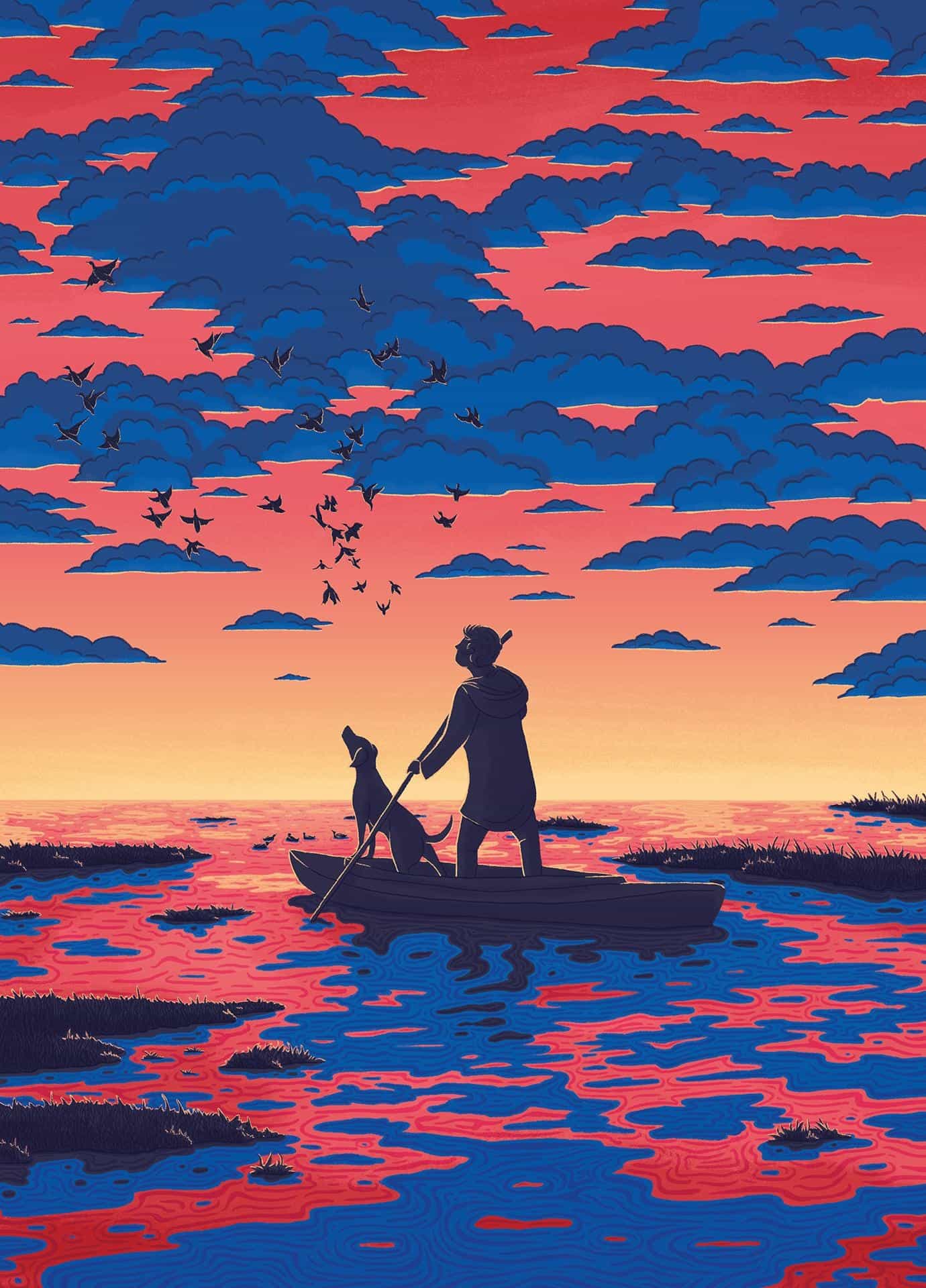 man met hond in bootje op zee met blauwe wolken